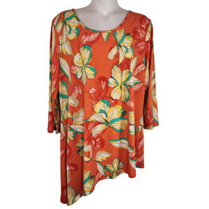 Susan Graver Womens Tunic Liquid Knit Top Orange Floral Asymmetrical Hem Medium